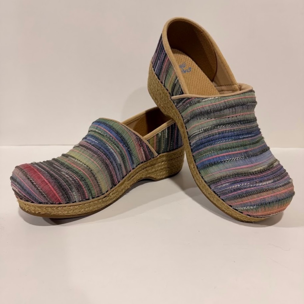 Dansko Multi-Color Striped Fabric Mules Wedge Clogs Womens 38 Weave Artisan